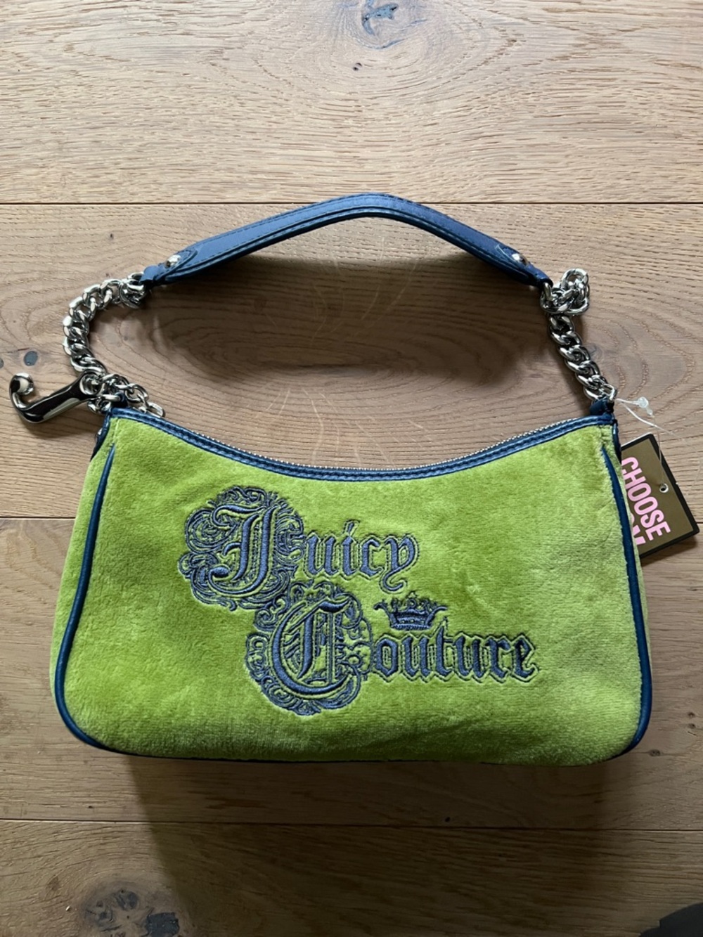 Juicy Couture Lime Green Suede Mini Bag with Blue Trim